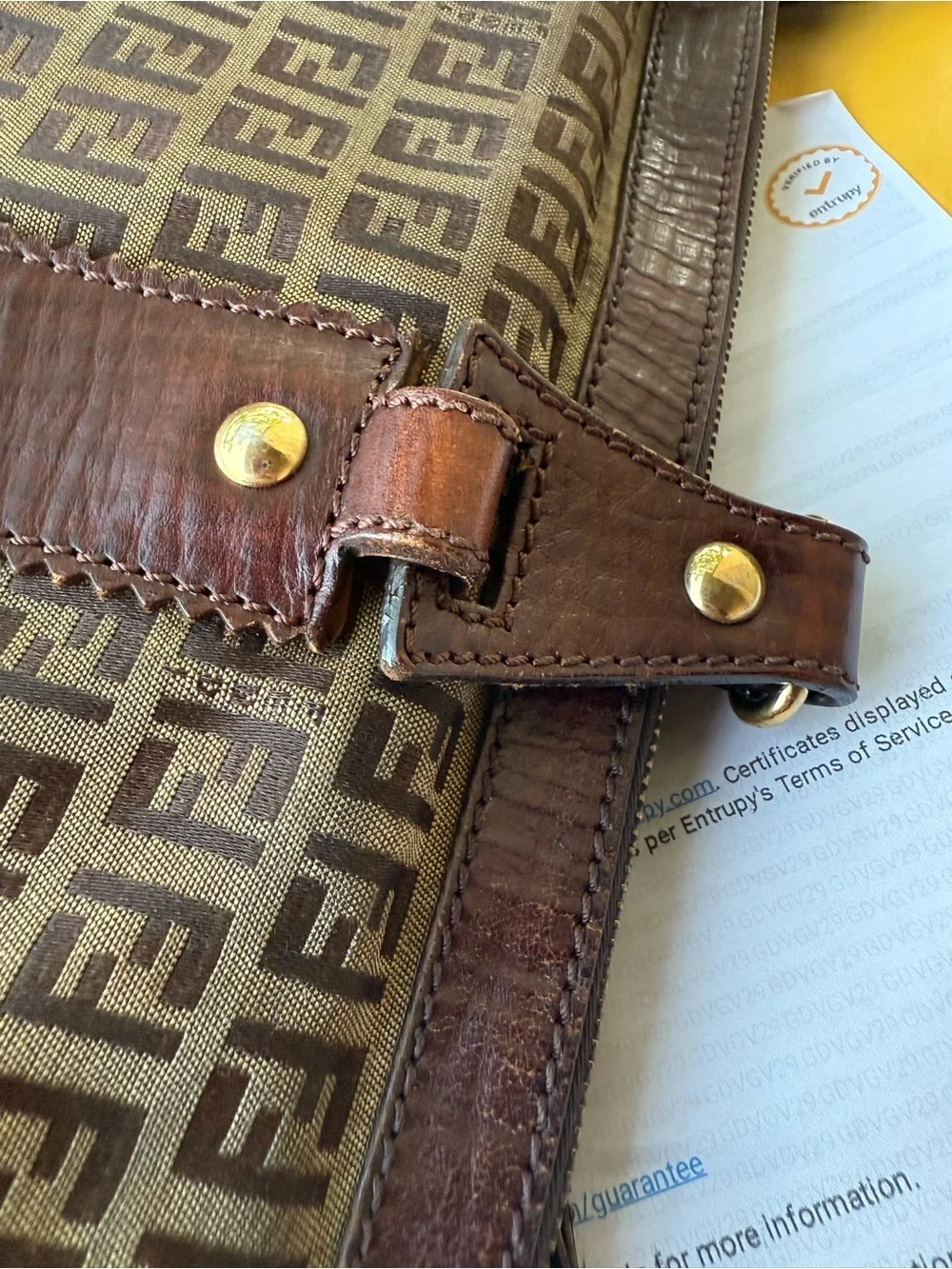 Fendi Brown Zucca Logo Canvas Shoulder Tote with Dark Brown Leather Trim